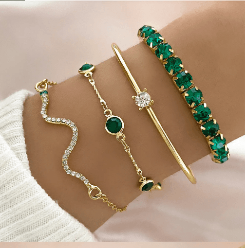 Women's 4pcs Bracelet Suit Fashion Green Grandmother Diamond Stretch Bracelet