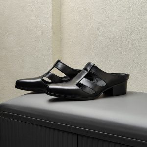 Pointed-toe Authentic Leather Half Slippers