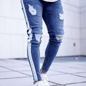 Ripped nostalgic jeans light blue zipper men's jeans