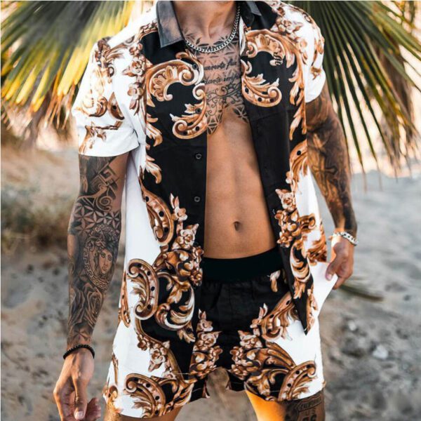 Print Lapel Short Sleeve Shirt Set - Image 2