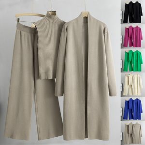 Women's 3-Piece Knit Suit Set - Sleeveless Vest, Long Cardigan & Wide Leg Pants