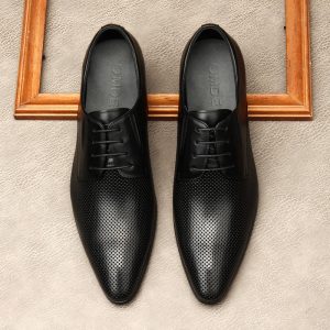 Italian Trendy Men's Pointed Toe Leather Shoes - Embossed Perforated Business Formal Shoes