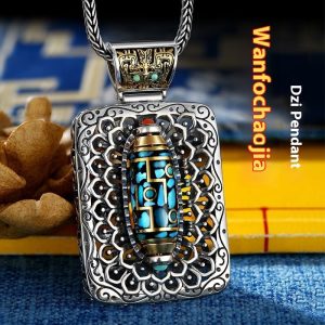 Thai Silver Vintage Buddha Dynasty Turquoise Rotating Bead Pendant Necklace