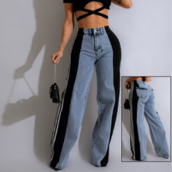 2024 Fashion High Waist Straight Leg Trousers - Elastic Waistband, Three Stripe Patchwork Denim Wide Leg Pants for Women