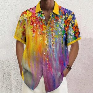 Men's Gradient Pattern Printing Fold Short Sleeve Linen Butterfly Shirt
