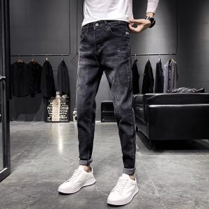 Men's Black Tapered Cropped Elastic Slim Fit Jeans - Slimming Denim Pants