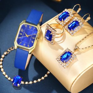 Women's Leather Quartz Watch Square Face with Korean Necklace Earrings Ring Set Jewelry Gift for Her
