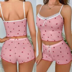 Women's Strawberry Printed Bow Suspender Shorts Set - 2-Piece Lace Summer Outfit
