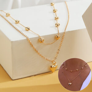 Double Layer Heart Pendant Fine Chain Necklace for Women - Multilayer Gold Color Metal Jewelry