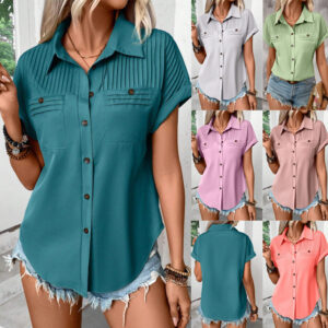 Women's Lapel Shoulder Pleated Pocket Short Sleeve Top Shirt