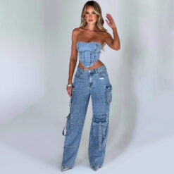 Women's Suit - Low-Waist Three-Dimensional Tube Top and Pocket Stitching Jeans Pants