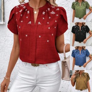 Half-Open Collar Short Sleeve Shoulder Creasing Printed Shirt - Women's Blouse