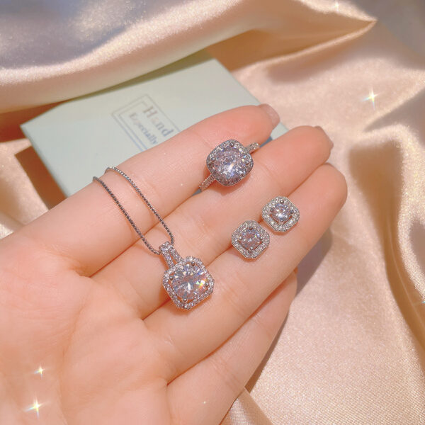 Elegant Square Diamond Ring Set - Earrings, Necklace, Ornament