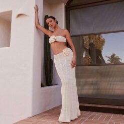 Women's Solid Color Knitted Crocheted Beach Bikini Swimsuit Blouse Sun Proof Set