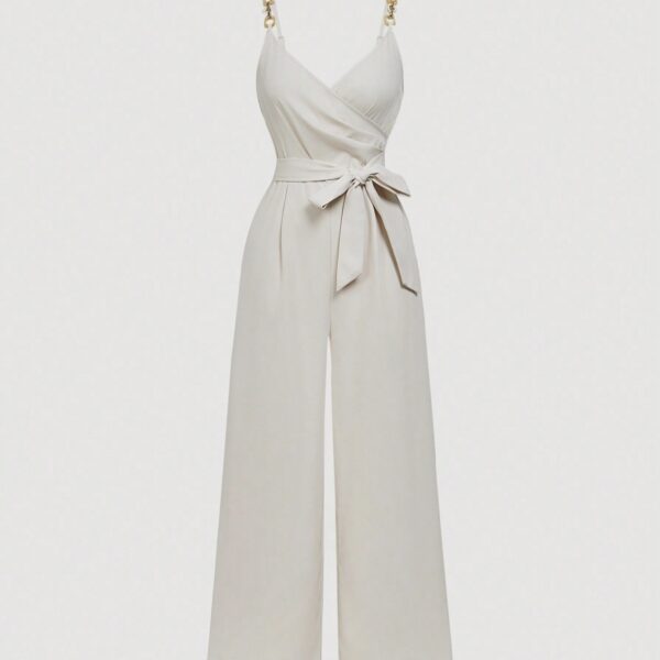 Ladies Solid Color Elegant Fashion V-Neck Strap Buckle Shoulder Strap Design Strap Jumpsuit - Image 2