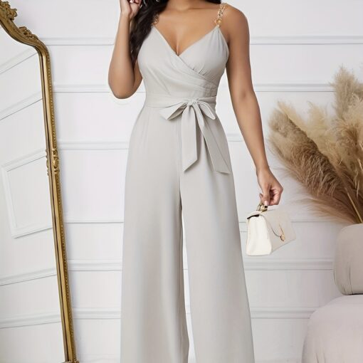 Ladies Solid Color Elegant Fashion V-Neck Strap Buckle Shoulder Strap Design Strap Jumpsuit