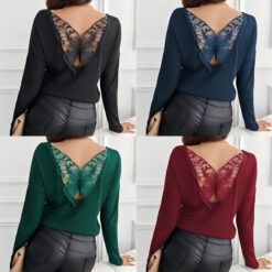 Women's Solid Color Back Stitching Pansy Rib Long Sleeved T-Shirt
