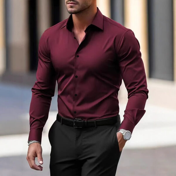 Men's Business Button Down Shirt - Summer Solid Color Long Sleeve Lapel Vacation Shirt