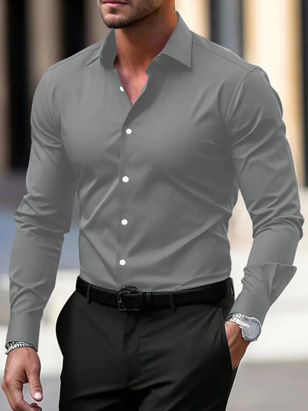 Men's Business Button Down Shirt - Summer Solid Color Long Sleeve Lapel Vacation Shirt - Image 3