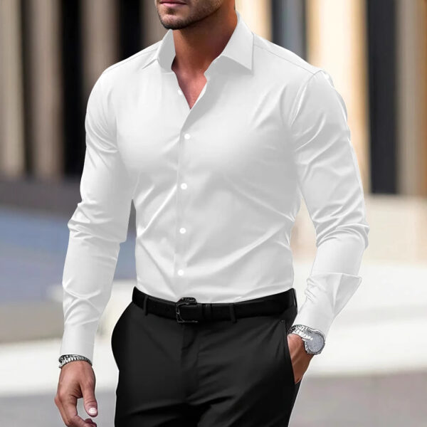 Men's Business Button Down Shirt - Summer Solid Color Long Sleeve Lapel Vacation Shirt - Image 6