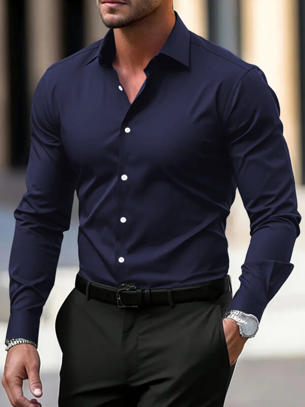 Men's Business Button Down Shirt - Summer Solid Color Long Sleeve Lapel Vacation Shirt - Image 2