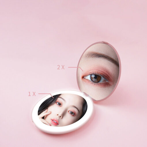 Mini Makeup Mirror with LED Light, 2X Magnifying, USB Charging