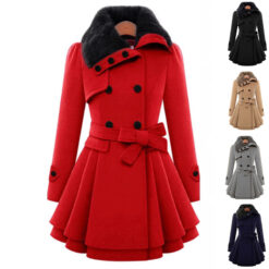 Women's Slim Mid-Length Woolen Coat with Belt - Double Breasted Padded Windbreaker