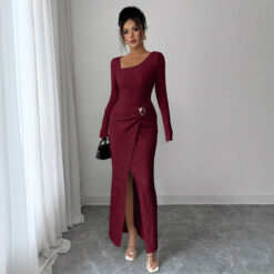 Women’s Irregular Neckline Knitted Long Dress — Autumn & Winter Solid Color Fashion