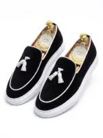 Black Suede Tassel Loafer Sneakers - Luxury Slip-On Platform Shoes for Men